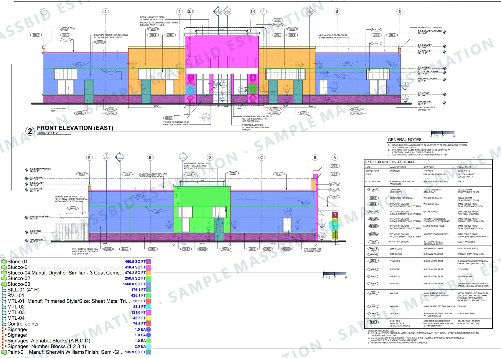 Marked-up commercial elevations with each exterior finish shaded in its own color and measured