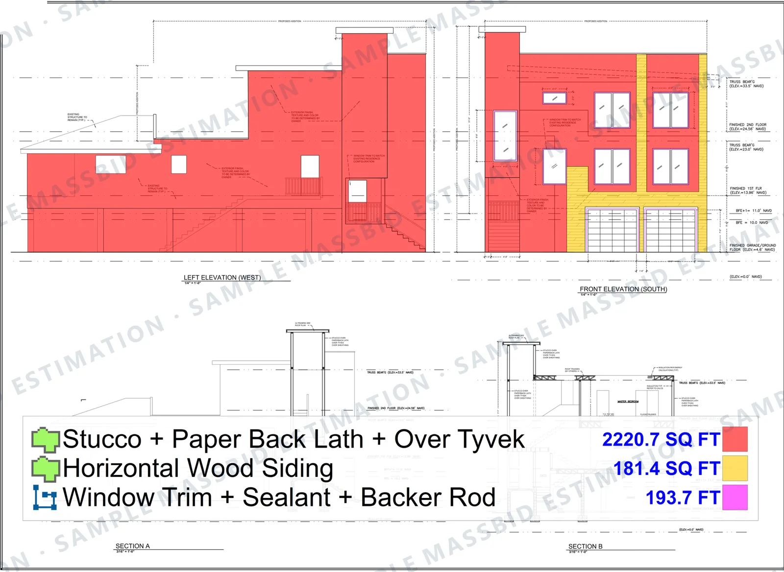 Marked-up exterior elevations from a residential alteration: stucco shaded red at 2,220.7 square feet, horizontal wood siding in yellow at 181.4 square feet, and window trim with sealant and backer rod traced in pink at 193.7 feet, each listed in a color-keyed legend