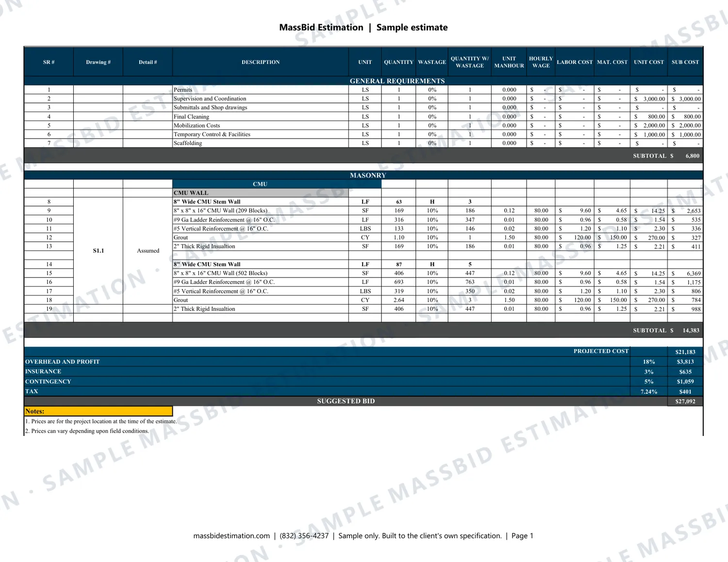 Page 1 of a sample masonry (CSI Division 04) for a outdoor structure in Ohio, with the MassBid Estimation watermark
