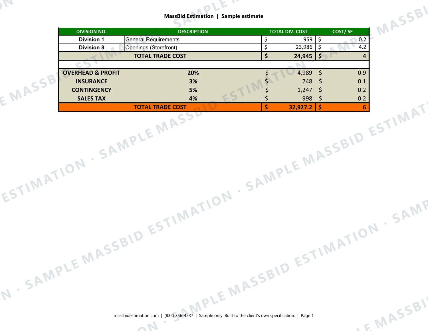 Page 1 of a sample storefront, doors and windows (CSI Division 08) for a automotive service building, 5,600 sq ft in Kentucky, with the MassBid Estimation watermark