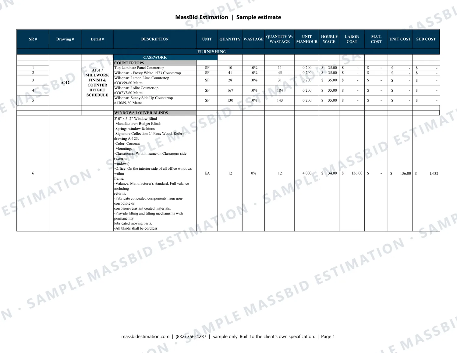 Page 1 of a sample furnishings and casework (CSI Division 12) for a childcare center, 10,100 sq ft in Texas, with the MassBid Estimation watermark
