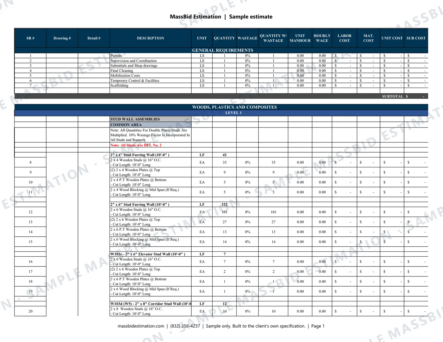 Page 1 of a sample lumber takeoff (CSI Division 06) for a multi-story residential building, 31,200 sq ft in Colorado, with the MassBid Estimation watermark