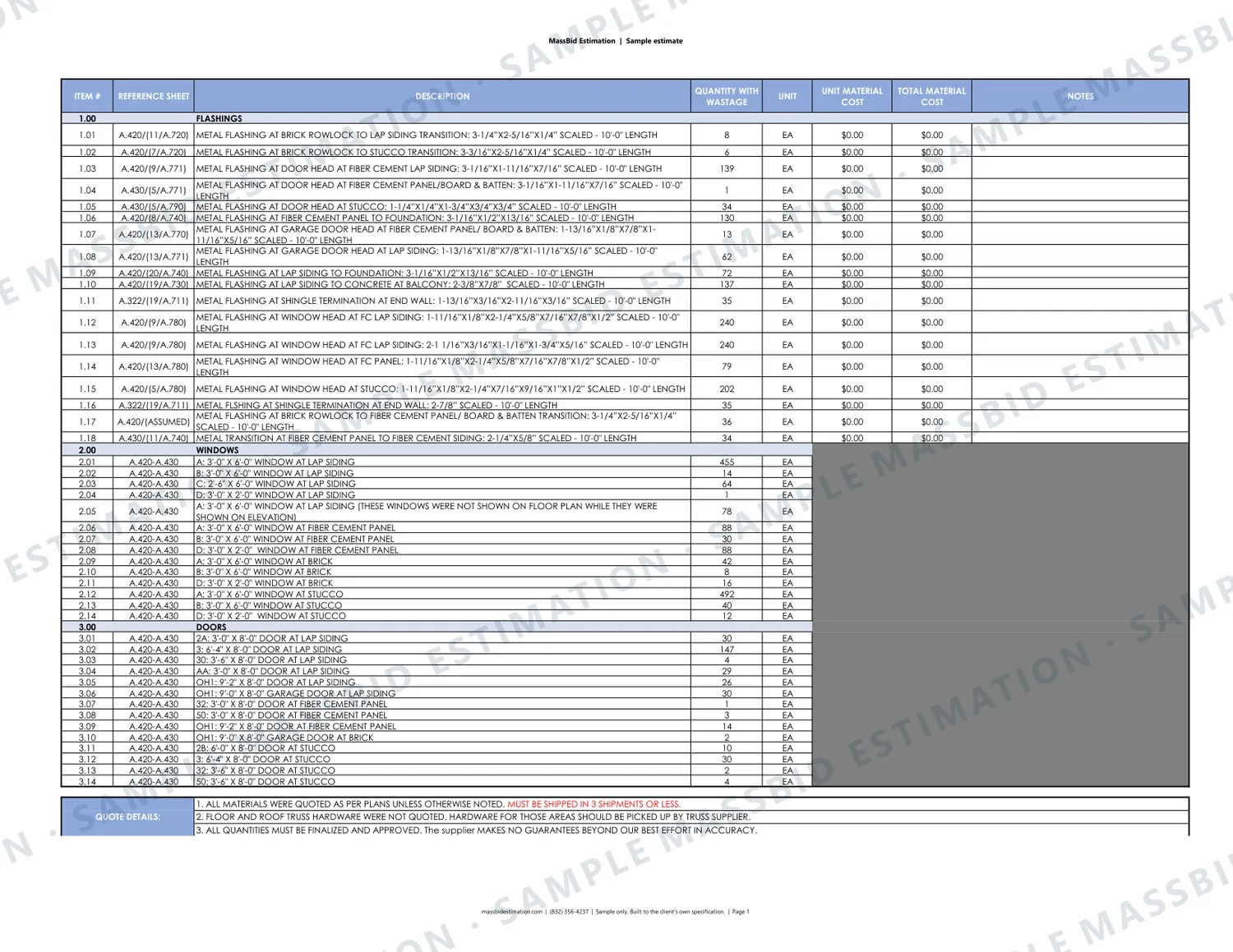 Page 1 of a sample supplier takeoff: flashing and windows (CSI Division 07) for a three-story apartment community in Texas, with the MassBid Estimation watermark