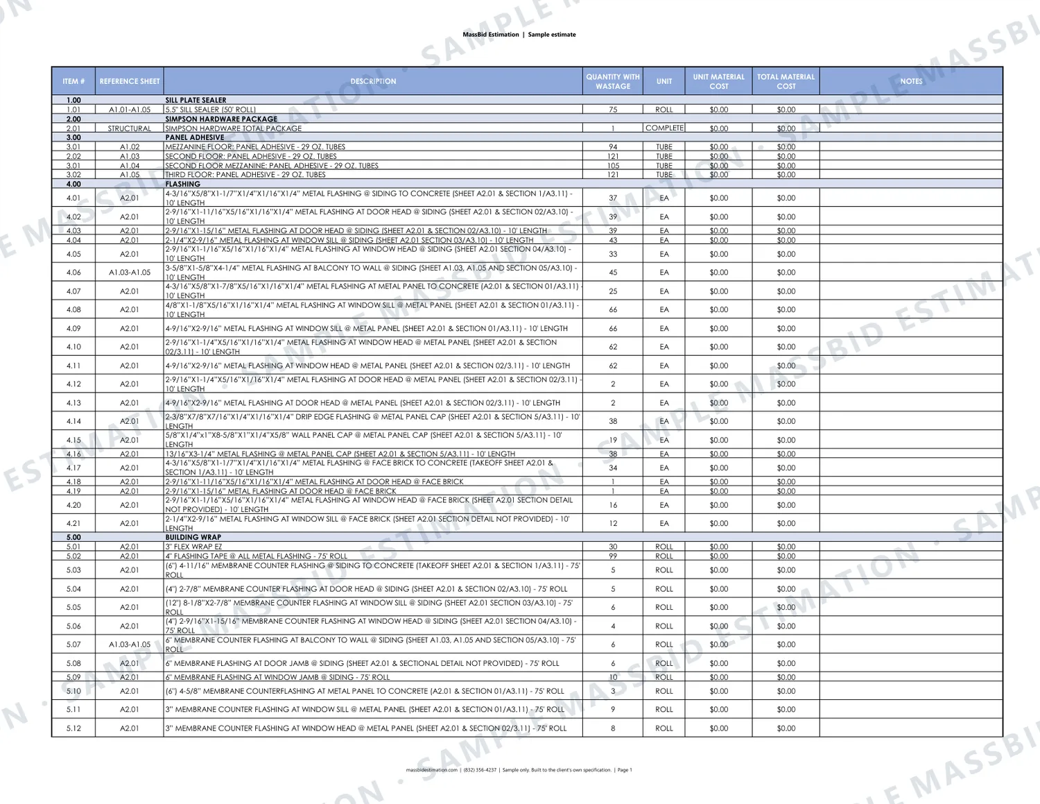 Page 1 of a sample supplier takeoff: sill sealer, adhesive and flashing (CSI Division 06) for a mid-rise apartment building in Texas, with the MassBid Estimation watermark
