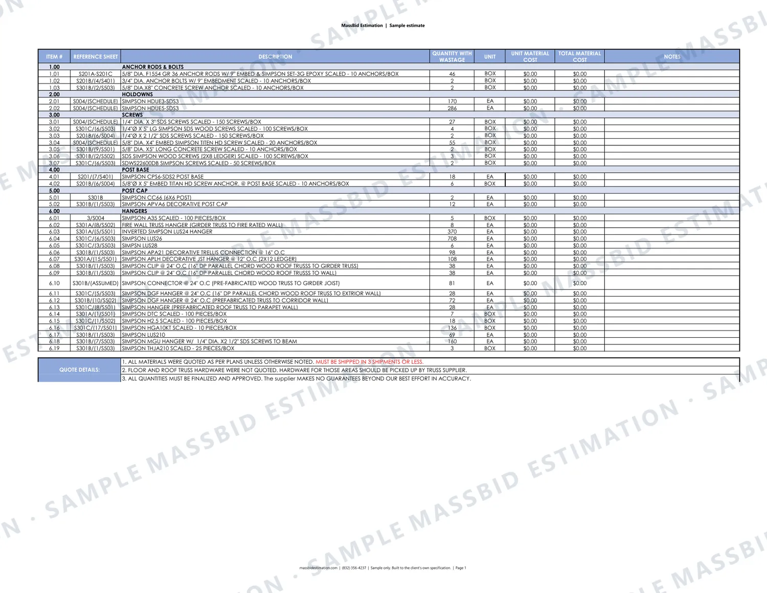 Page 1 of a sample supplier takeoff: structural hardware (CSI Division 06) for a nursing home in Texas, with the MassBid Estimation watermark
