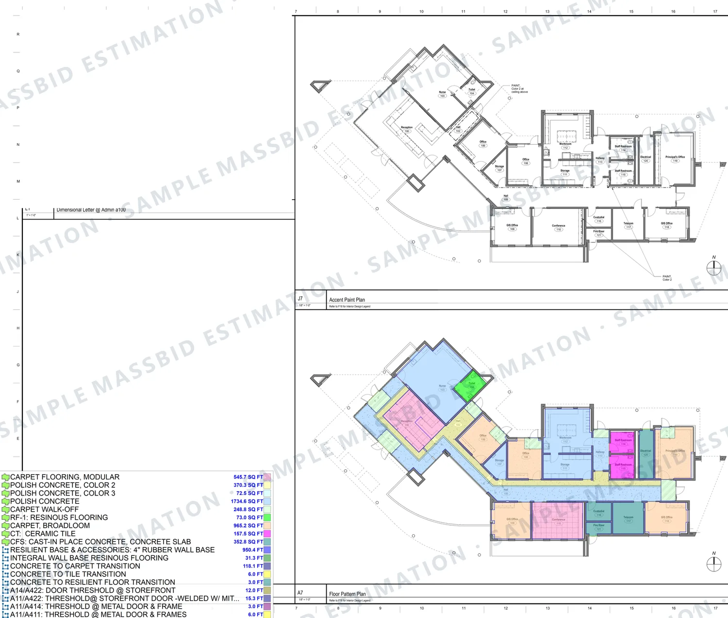 Floor pattern plan of an elementary school administration building with modular carpet, broadloom carpet, polished concrete in three colors, resinous flooring and ceramic tile shaded separately and a legend listing each area in square feet with rubber wall base, integral resinous base and transitions in linear feet