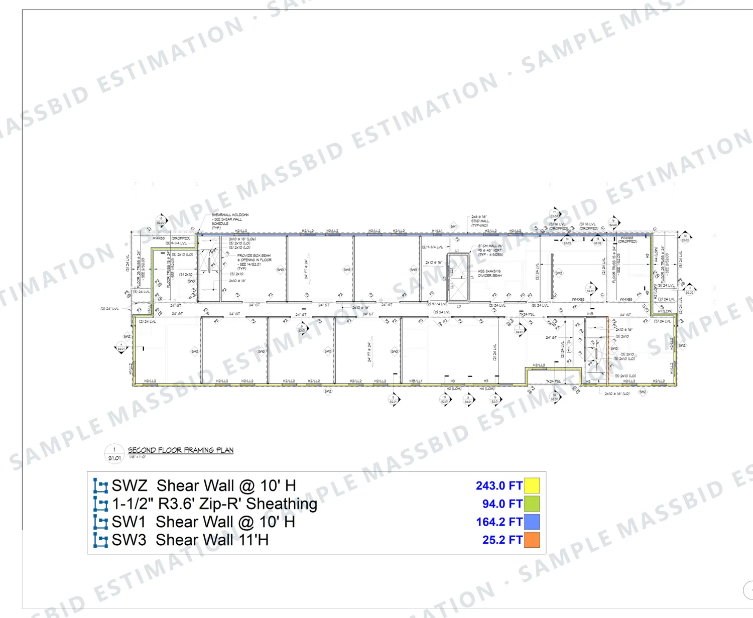 Second-floor framing plan with shear walls traced by type and a legend listing three shear wall types at 10 and 11 feet high and insulated integrated sheathing, each in linear feet