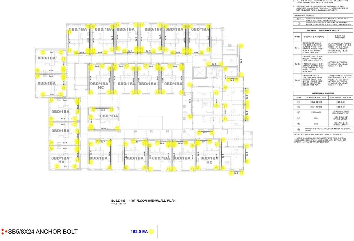 Holdown anchor bolt count on a first-floor shearwall plan: a yellow dot at each Simpson SB5/8x24 anchor bolt beside the shearwall anchor schedule, with a legend total of 152