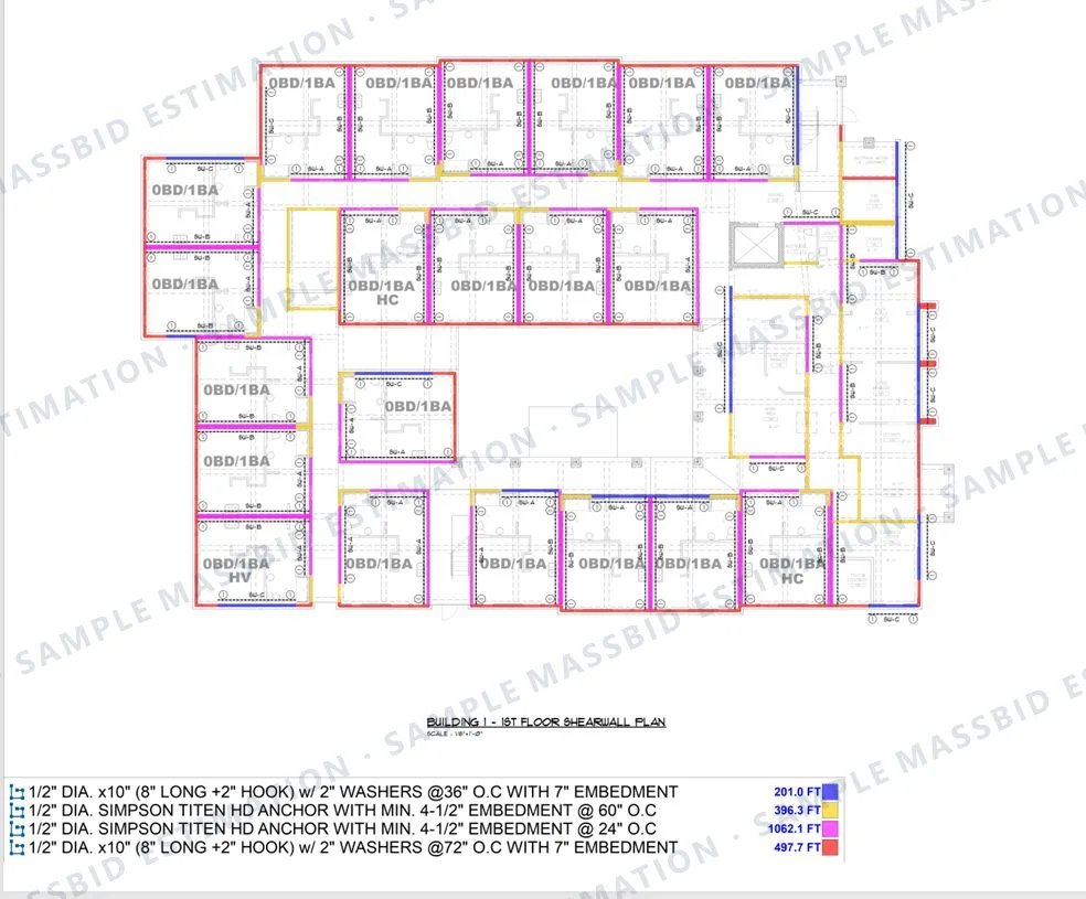Sill plate anchors by spacing on the shearwall plan