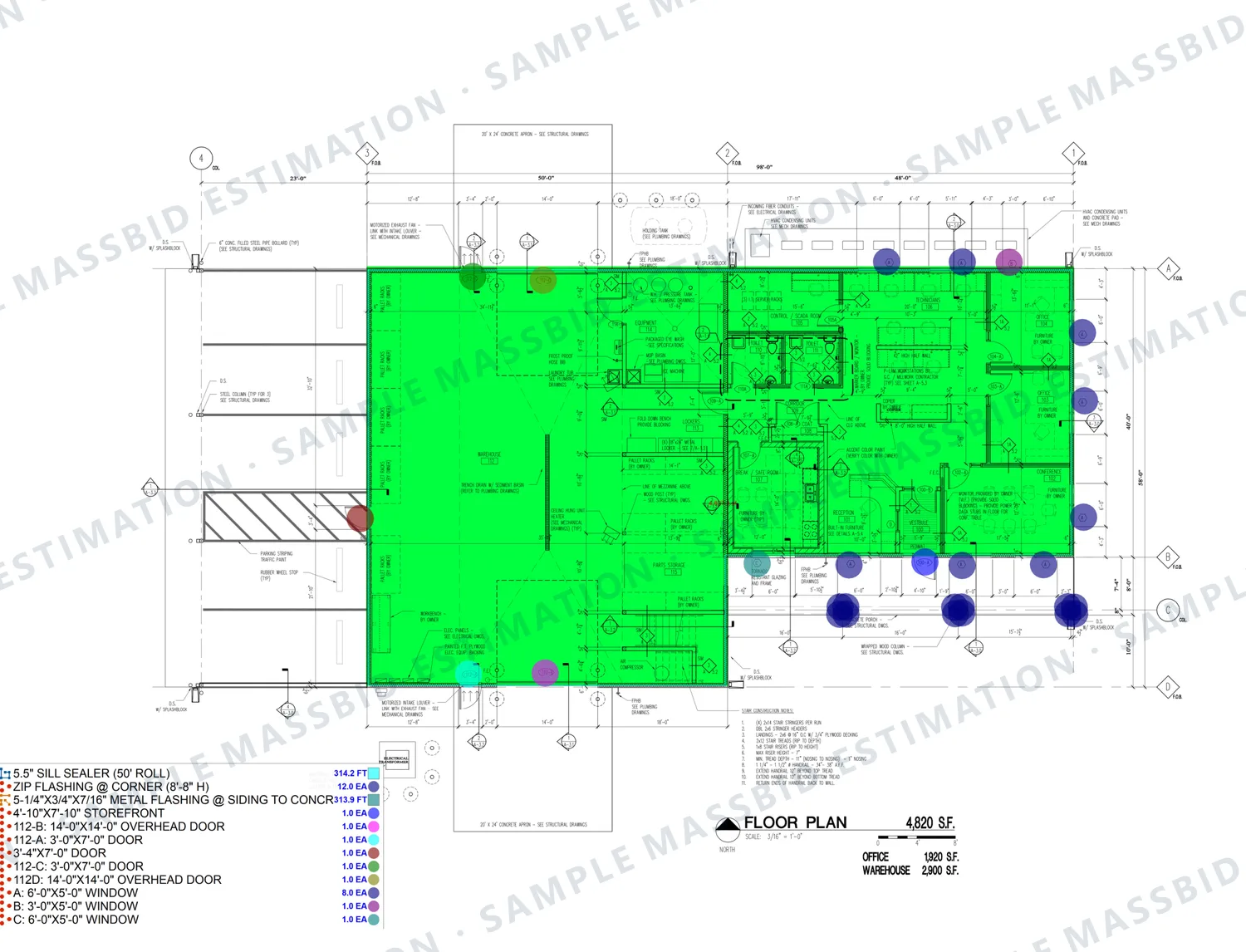 Floor plan of an operations building with office and warehouse areas shaded and openings dotted, and a legend listing 314.2 feet of 5.5 inch sill sealer, flashing at twelve corners, 313.9 feet of metal flashing where siding meets concrete, and doors, overhead doors, storefront and windows counted by size