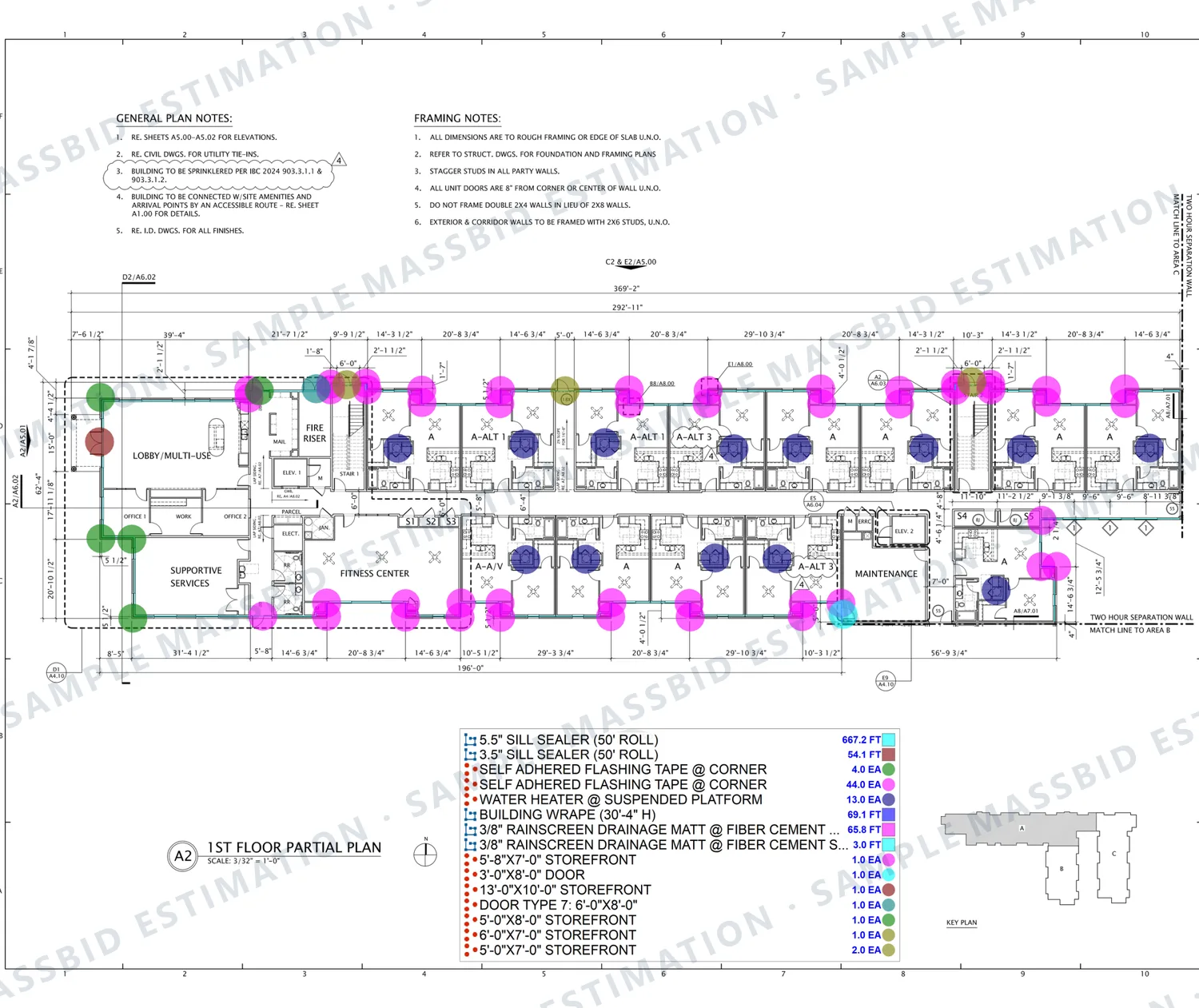 First-floor partial plan of an apartment building with exterior wall lines traced and corners dotted, and a legend listing 667.2 feet of 5.5 inch sill sealer, 54.1 feet of 3.5 inch sill sealer, self-adhered flashing tape at corners, building wrap and rainscreen drainage mat with storefront and door counts
