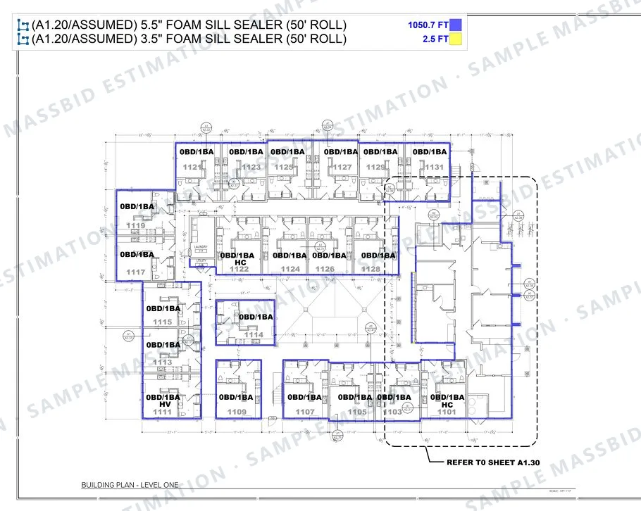 Level one building plan with foam sill sealer traced along the exterior walls in two colors and a legend listing 1,050.7 feet of 5.5 inch and 2.5 feet of 3.5 inch foam sill sealer