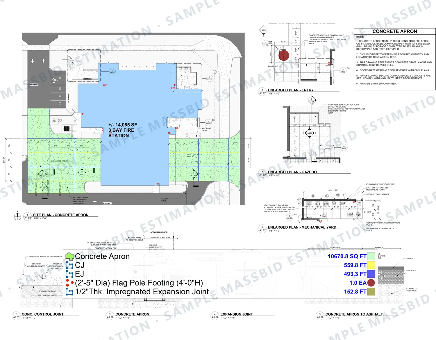 Site plan of a fire station with the concrete apron shaded and joints traced, and a legend listing 10,670.8 square feet of concrete apron, 559.8 feet of control joint, 493.3 feet of expansion joint, a flag pole footing and impregnated expansion joint filler