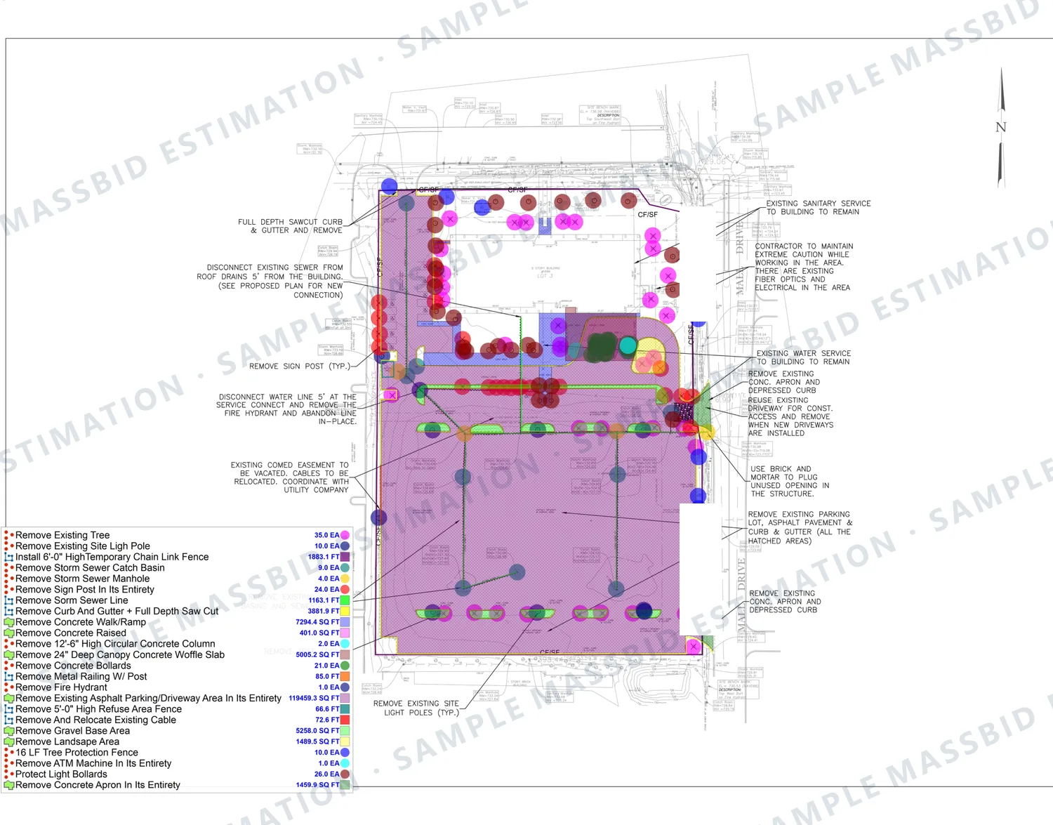 Site demolition plan with the asphalt parking area shaded and each item dotted, and a legend listing trees, light poles, temporary fence, storm catch basins and manholes, storm sewer line, curb and gutter with sawcut, concrete walk, bollards and 119,459 square feet of asphalt parking and driveway removal