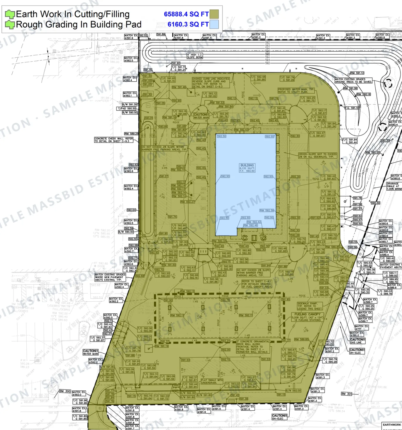 Site grading plan of a fuel station with the earthwork area shaded and totaled at 65,888.4 square feet and the building pad shaded separately at 6,160.3 square feet for rough grading