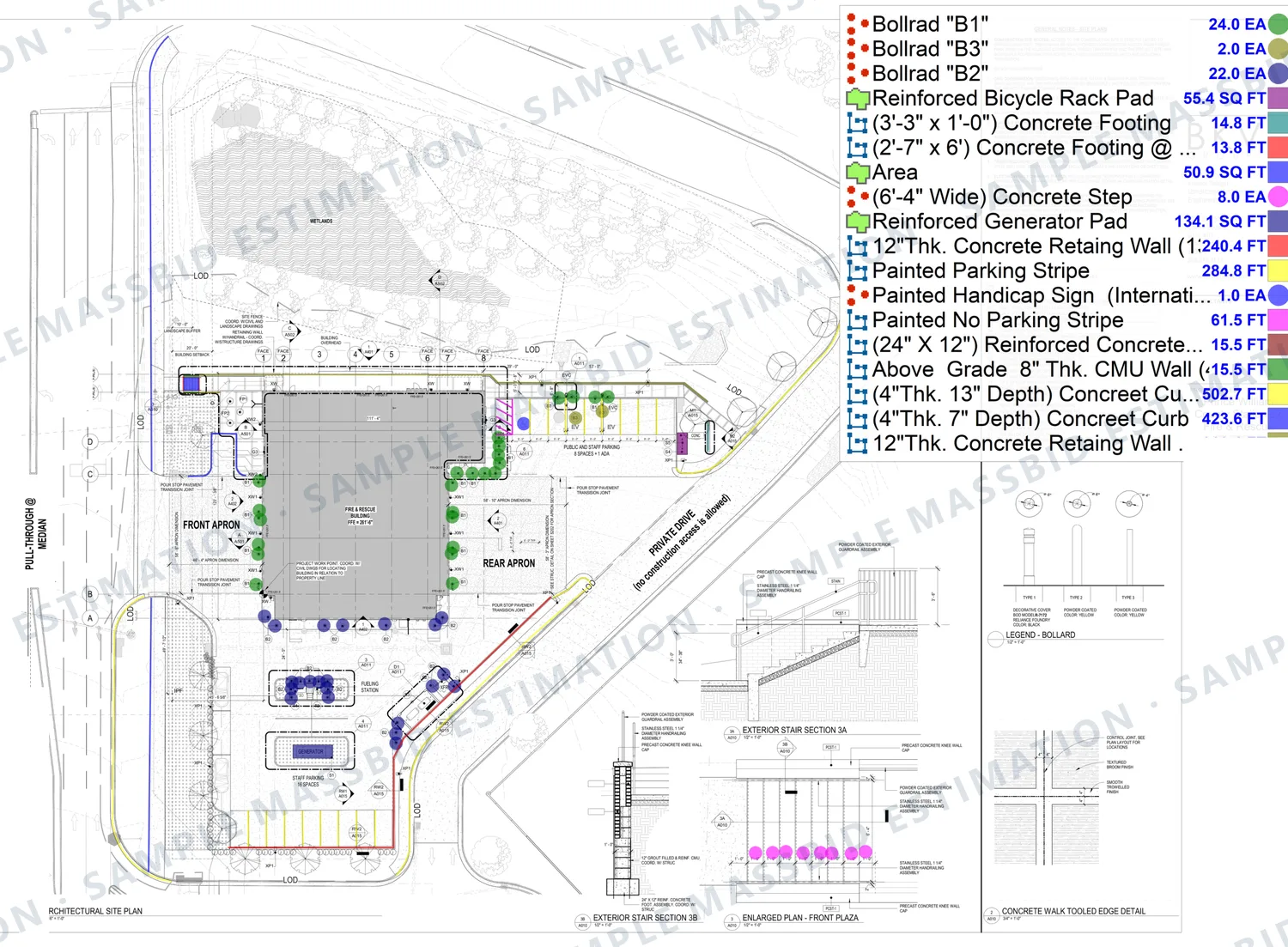 Architectural site plan of a public safety building with bollards dotted and walls and curbs traced, and a legend listing 48 bollards in three types, 12 inch concrete retaining walls of 240.4 and 269.1 feet, concrete curbs of 502.7 and 423.6 feet, concrete steps, a generator pad, a bicycle rack pad, a CMU wall and parking stripes