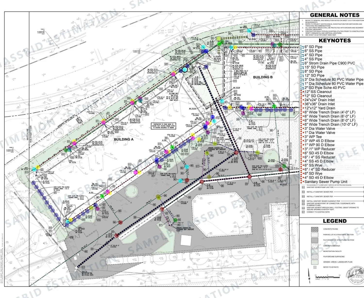 Site utilities takeoff: storm, sewer and water pipe by size