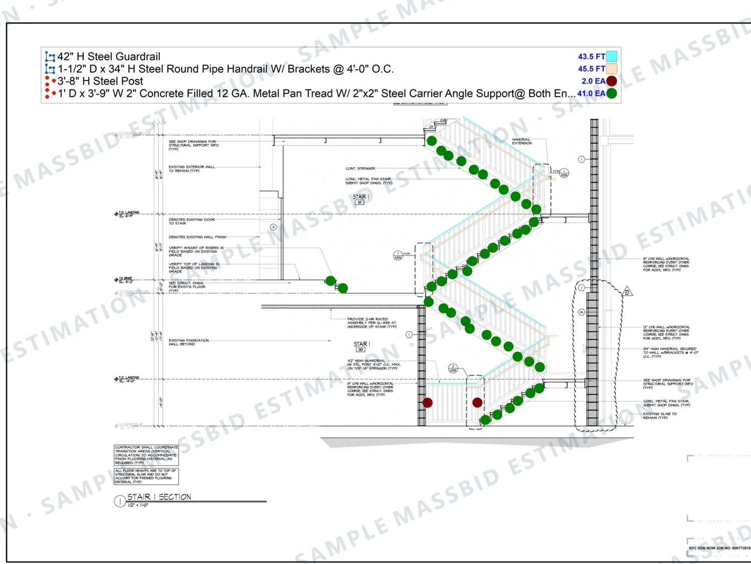 Stair plans and sections of a four-story building in New York with pan treads, stringers, guardrail and handrail marked and a legend listing each quantity
