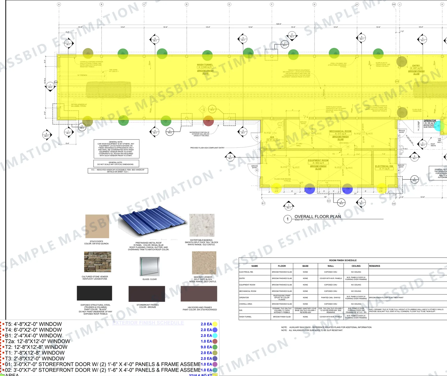 Overall floor plan of a car wash in South Carolina with the wash tunnel shaded and each window and storefront door dotted by type, with a legend listing seven window types and two doors