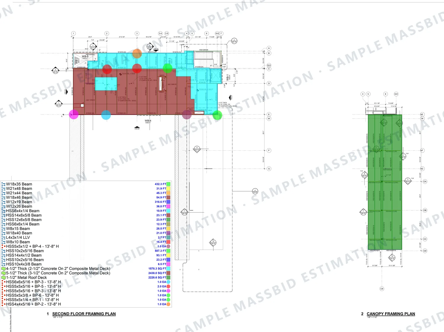 Structural steel takeoff: beams by size on a floor framing plan