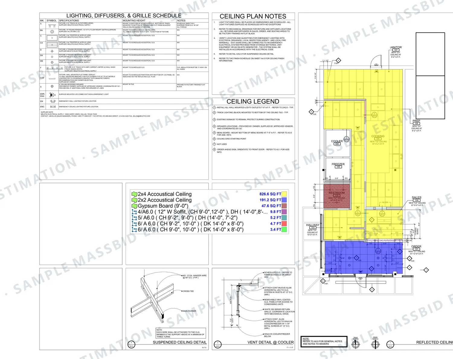 Reflected ceiling plan of a restaurant tenant improvement with ceilings shaded by type and a legend listing 826.6 square feet of 2x4 acoustical ceiling, 191.2 square feet of 2x2 acoustical ceiling, gypsum board ceiling and soffits in linear feet
