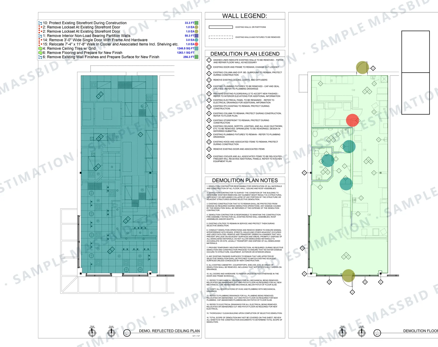 Demolition reflected ceiling plan and demolition floor plan of a restaurant tenant space with a legend listing storefront to protect, a walk-in cooler to relocate, partitions and a door to remove, 1,248.5 square feet of ceiling tile and 1,263.1 square feet of flooring to remove