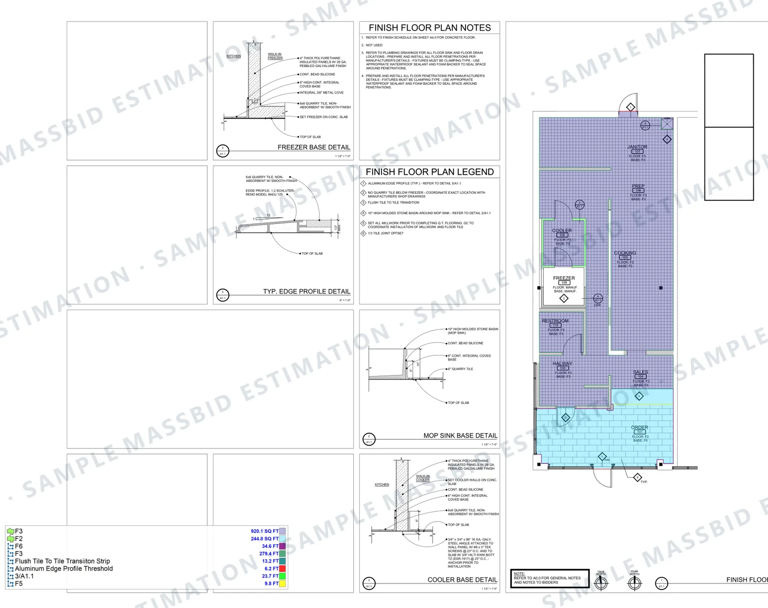 Finish floor plan of a restaurant tenant improvement with each floor finish shaded and a legend listing areas by finish type in square feet, with base, tile-to-tile transition strips and thresholds in linear feet