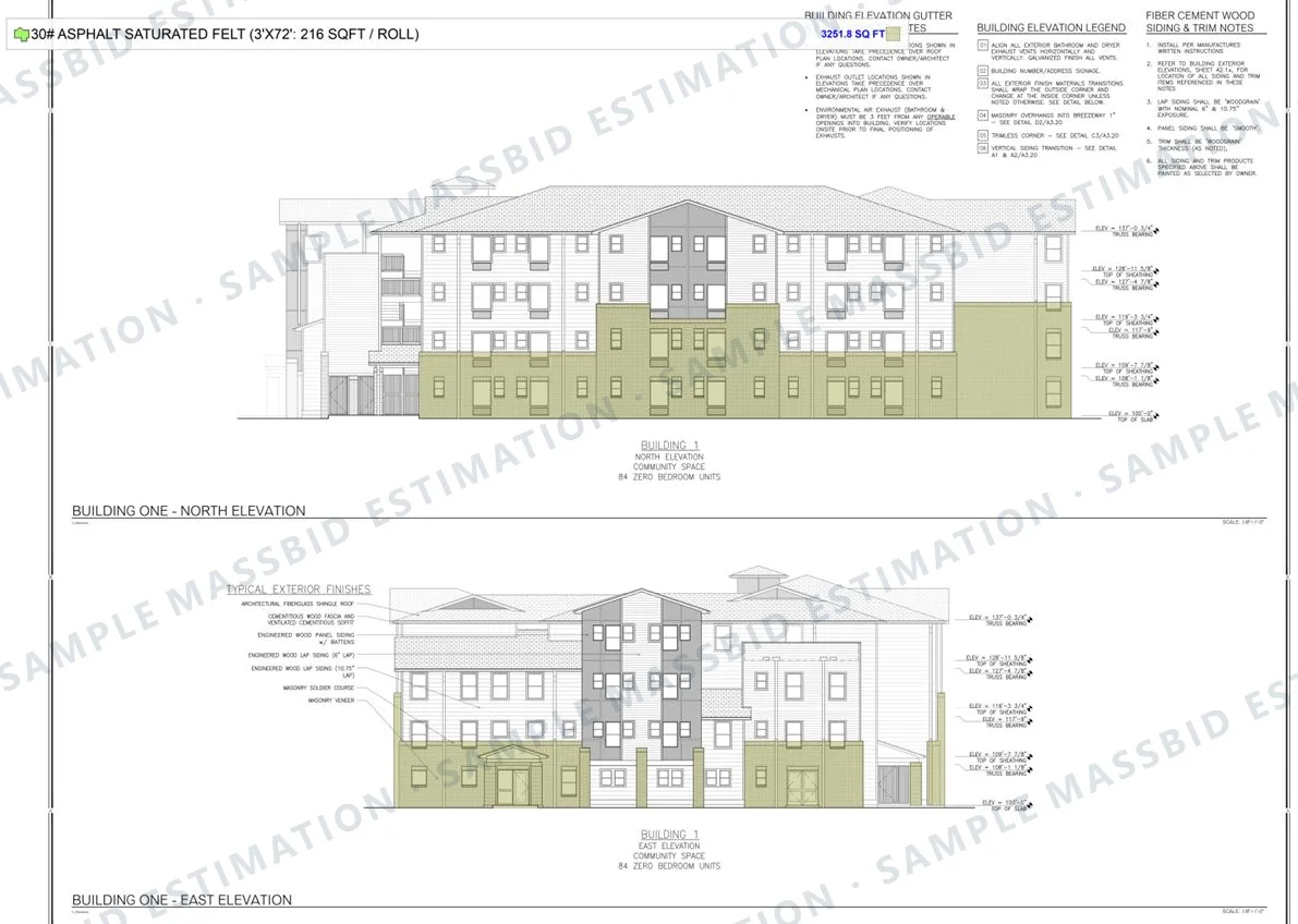 North and east building elevations with the masonry areas shaded to show where asphalt-saturated felt is carried, with a legend reading 3,251.8 square feet
