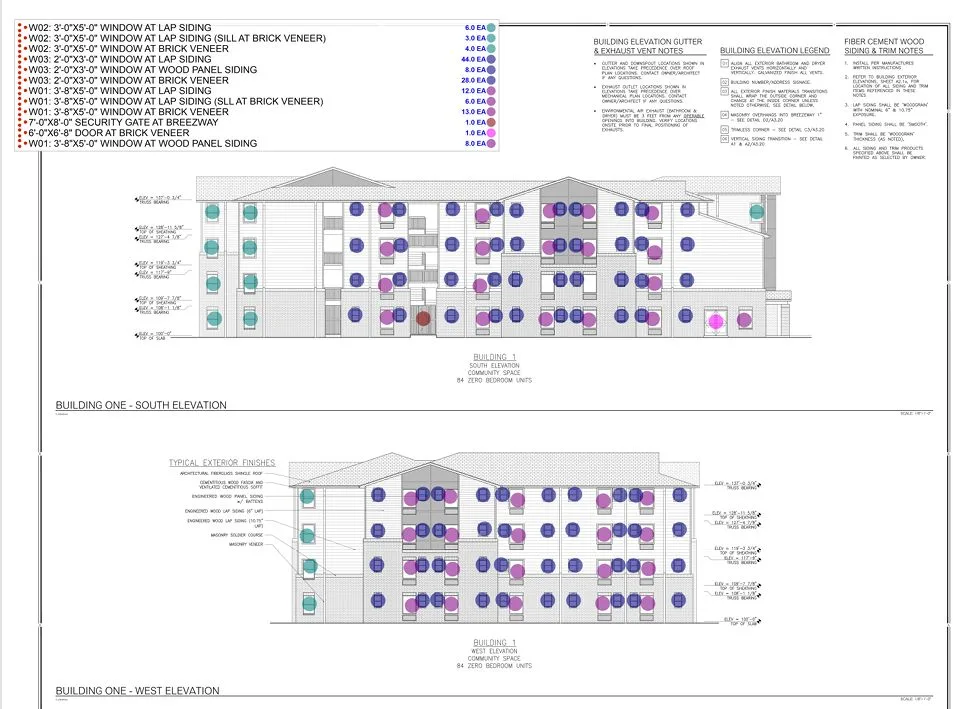 Window count takeoff on south and west elevations of a four-story multifamily building, each window dotted in a color for its size and its cladding: lap siding, wood panel siding or brick veneer