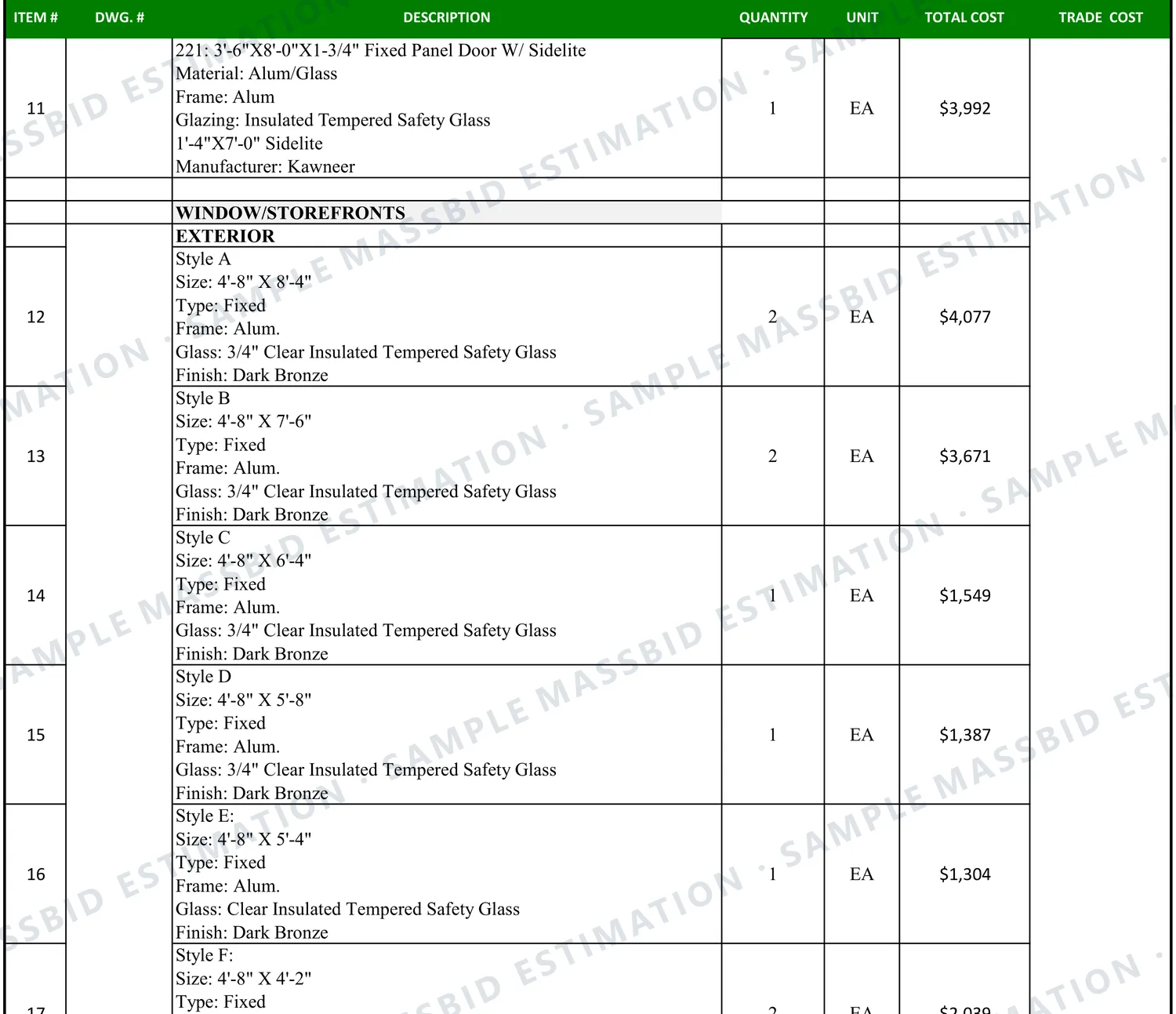 Window estimate sheet listing fixed aluminum windows by style with size, type, frame, glass makeup and finish, each with quantity, unit and total cost