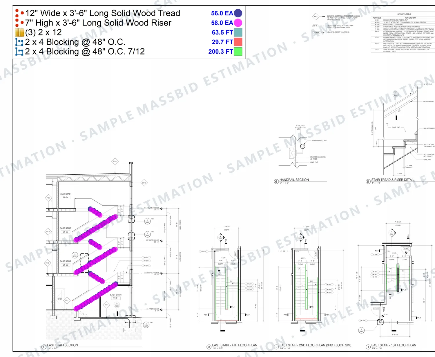 Stair section and plans with every tread dotted and a legend counting 56 solid wood treads and 58 risers with 63.5 feet of triple 2x12 stringer and 2x4 blocking in linear feet
